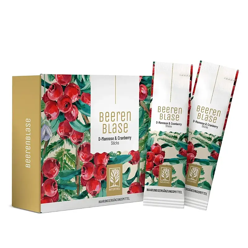 Naturtreu Beerenblase – Brusinkové práškové tyčinky s D-manózou a extraktem z dýňových semínek, 14 ks