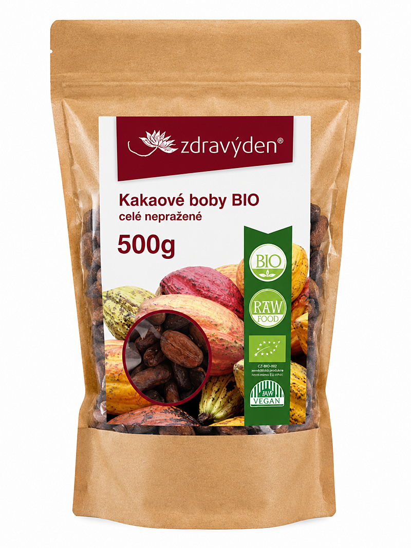Zdravý den Kakaové bôby BIO celé, nepražené, 500 g
